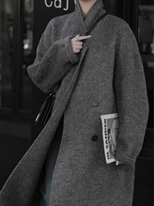 深灰色双面羊绒大衣女中长款2023秋冬新款宽松高级感茧型羊毛外套