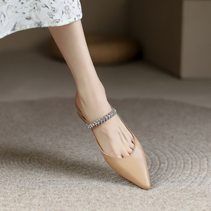 法式小香风包头半拖鞋女夏外穿低跟无后跟懒人鞋真皮尖头水钻凉鞋