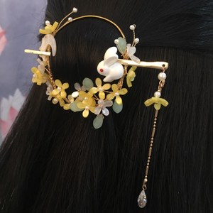 后压式发簪桂花汉服盘发古风环形发插流苏配饰复古发环后压发饰兔