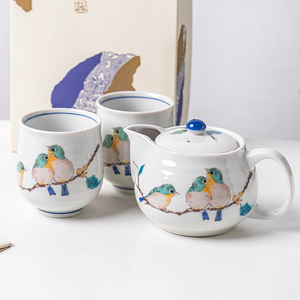 日本进口九谷烧花鸟手绘茶具套装日式和风茶道具茶壶简约一壶两杯
