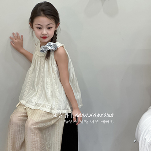 波拉韩女童花边背心2024夏季新款小女孩娃娃衫中大童时髦无袖衬衫