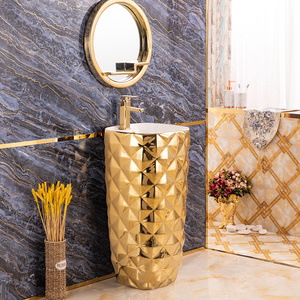 欧式洗手台金色一体落地式连体柱盆彩金轻奢创意个性洗手池洗脸盆