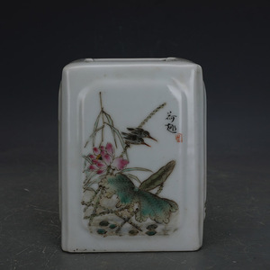 民国粉彩手绘花鸟纹四方笔筒刘雨岑款保真瓷古玩古董收藏复古摆件