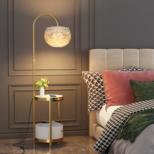 英国创意轻奢羽毛落地灯客厅沙发旁置物摆件卧室床头柜一体式台灯