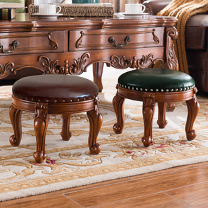 美式实木真皮小圆凳卧室沙发凳茶几板凳欧式休闲矮凳家用换鞋凳