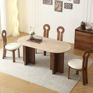 法式复古实木餐桌设计师网红家用椭圆形饭台侘寂中古风洞石岩板桌