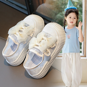 女童鞋2024夏季新款透气白色鞋子百搭板鞋魔术贴六一儿童节小白鞋