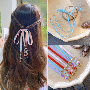 儿童古风彩色编发绳头饰女童扎头发头绳长飘带铃铛编织超仙发饰女