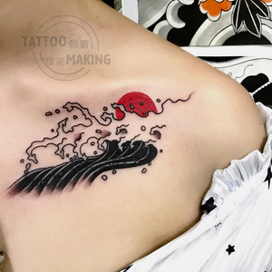 【新款】纹身贴纸日式海浪日出防水持久女男锁骨胸前抖音网红图案