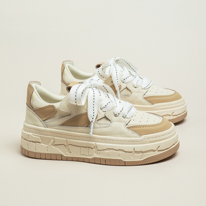 gooreey2023新款真皮藕杏色老爹鞋女ins潮运动休闲溶解厚底小白鞋