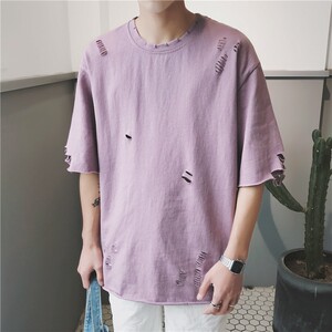 乞丐破烂纯棉半袖夏装 ins潮男短袖t恤潮牌破洞个性五分袖上衣服