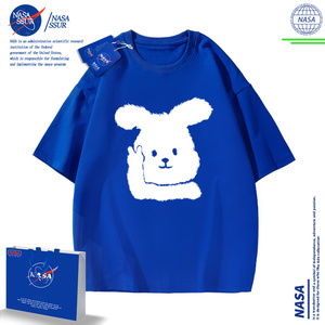 NASA联名克莱因蓝夏季宽松短袖T恤女潮牌卡通兔子印花男短袖上衣