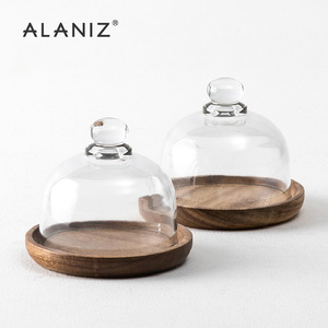 alaniz南兹果盘糕点盘带盖透明玻璃罩烘焙茶点实木托盘家用蛋糕盘