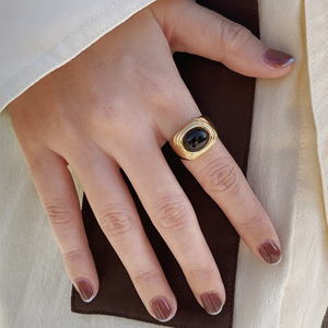TDS黑玛瑙中古风戒指钛钢镀金高级净奢宝石指环法式复古美拉德风