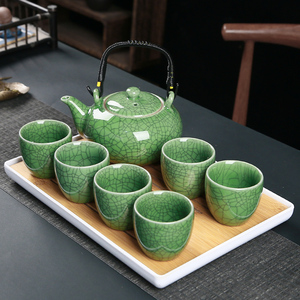 哥窑青瓷提梁泡茶壶茶杯整套陶瓷家用大容量冰裂开片功夫茶具套装