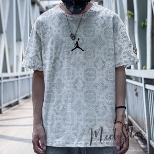 clot陈冠希乔丹联名aj飞人暗纹丝绸满印宽松男女短袖 休闲情侣t恤