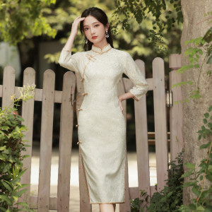 女装盖娅传说旗袍昊腾秋冬侧八扣花边复合蕾丝中长款旗袍连衣裙