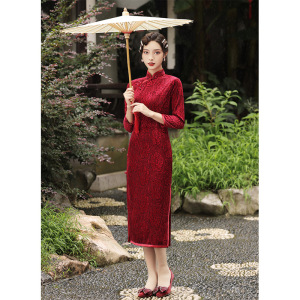 女装盖娅传说旗袍昊腾秋冬新款长款金丝绒连衣裙复古老上海民国风