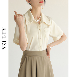 XZLDHY杏色短袖衬衫女士气质法式上衣设计感小众夏季2024新款衬衣