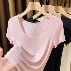 大圆领莫代尔t恤女短袖2024新款超薄皮肤衣女半袖粉色低领打底衫