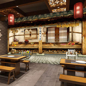 农家乐饭店壁纸东北风格复古怀旧墙壁装饰画农村壁画田园农庄墙纸