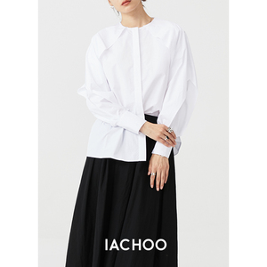 IACHOO 2023SS 长袖衬衫女圆领花包造型袖双层叠袖宽松设计感衬衣