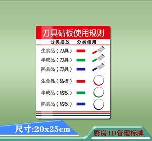 酒店食堂标准4d管理刀具砧板使用规则分类切配工具幼儿园标示牌