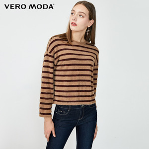 售空下架Vero Moda舒适毛绒条纹拼接长袖针织衫毛衣女|