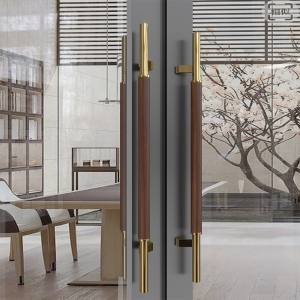 新中式实木玻璃门拉手胡桃木色定制孔距门把手原木金色包厢大把手