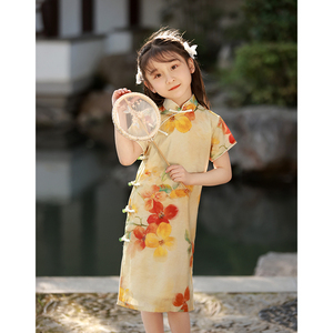 儿童旗袍女童2024新款中国风小女孩中式连衣裙改良短袖夏季棉麻女