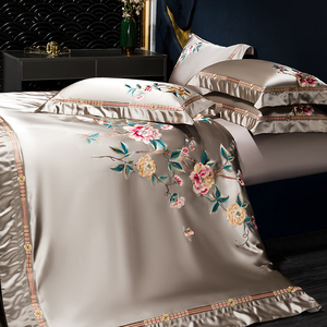 中式宫廷风120支真丝棉四件套高档花卉刺绣被套纯棉床单1.8米床品