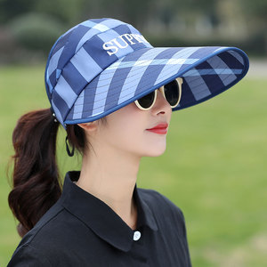 遮阳帽女夏季户外大檐防紫外线方格半空顶度假游玩遮脸防晒太阳帽