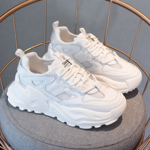 真皮白色老爹鞋女鞋2022新款夏薄款透气网面小个子厚底增高运动鞋