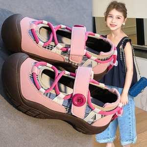女童鞋子儿童2024新款夏季透气包头全包跟单鞋格子户外旅游露脚背