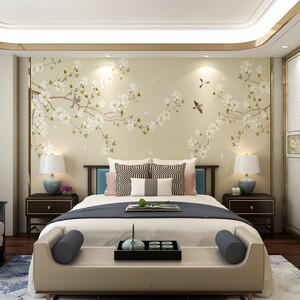 新中式3d卧室床头背景墙布壁画壁布温馨主卧墙纸壁纸现代简约