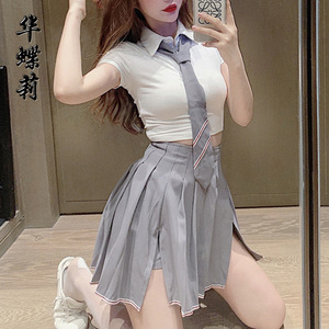 网红超火ins夏季新款2020减龄jk风领带修身上衣高腰开叉百褶裤裙