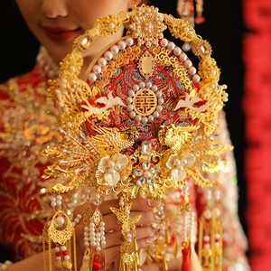 红色金色双面团扇新娘结婚diy材料包扇子出嫁秀禾高级感喜扇成品