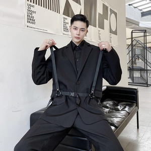 原创潮牌黑色西服男背带装饰宽松休闲百搭西装日系港风理发师外套