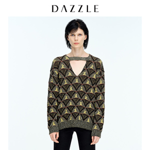 DAZZLE地素奥莱 新款黄色几何图案宽松套头毛衣女2C1E4281V
