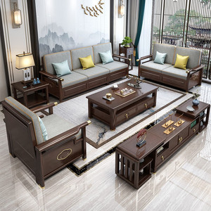 新中式实木沙发茶几组合储物夏冬两用布艺沙发床大小户型客厅沙发