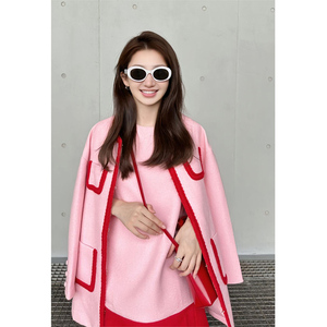 今年流行气质名媛搭配一整套粉色小香风毛呢外套两件套装裙女早春