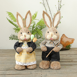 森系手工草编兔子幼儿园植物角装饰家居店铺婚礼布置可爱小摆件