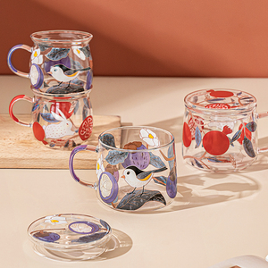 西比尔古典花纹玻璃杯带盖耐高温家用水杯咖啡杯个性杯子高颜值