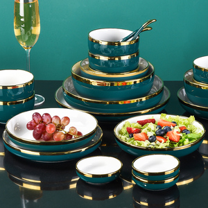 陶瓷碗碟套装家用北欧祖母绿金边饭碗筷盘子好看餐具现代简约高档
