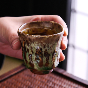 柴烧釉树纹品茗杯斗笠杯手工主人杯个性火痕流釉茶杯创意茶盏复古