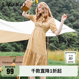 Lagogo拉谷谷夏季新款圆领泡泡袖系带碎花连衣裙女LALL305B54