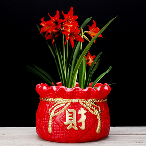 中国风红色福喜字兰花文竹绿植花盆陶瓷大小号口径长方形圆形高筒