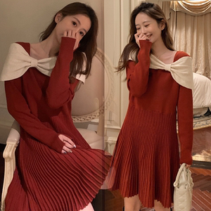 针织毛衣百褶裙大码胖mm秋冬女装蝴蝶结露锁骨法式温柔红色连衣裙