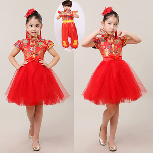六一儿童喜庆演出服中国风蓬蓬公主裙舞蹈女童开门红打鼓表演合唱