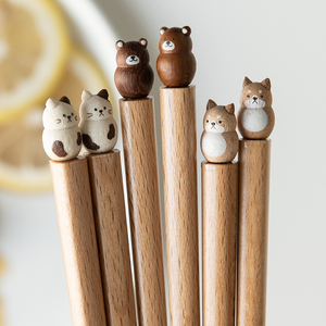 日本进口可爱卡通柴犬兔子手工木筷家用创意日式尖头防滑筷子送礼